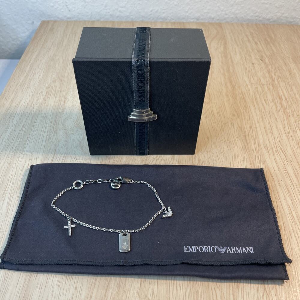 Authentic Emporio Armani 925 Sterling Silver Charm Bracelet Eagle Cross Tag Box